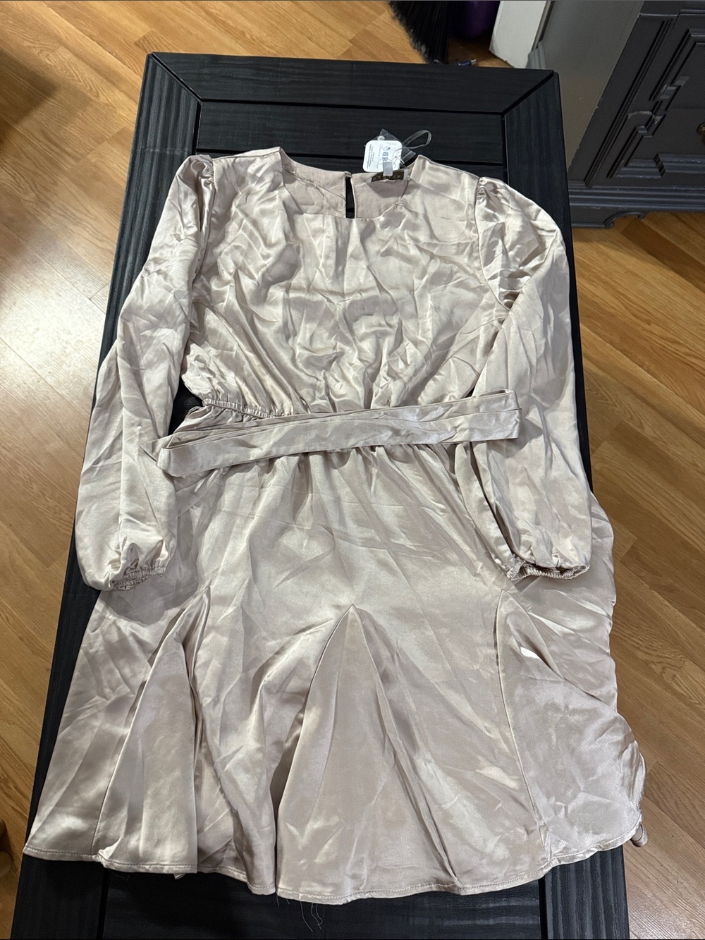 Hayden Light Beige Satin Long-Sleeve Dress with Waist Sash